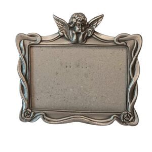 Vintage Pewter Frame With Angel Cherub & Flowers Roses 5 x 6.5 Photo Size 4 x 3